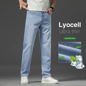 Jeans en tissu Lyocell bleu blanc clair pour hommes Summer Business Ligne droite Ligne pantalon lâche Mens Pantalon long décontracté 240430