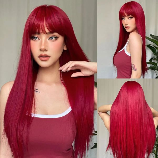 Peluca sintética de color rojo vino claro con flequillo adecuada para mujeres con pelucas de pelo largo y liso fiesta de rol natural resistente al calor 230125