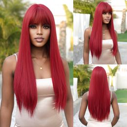 Parrucche sintetiche rosso vino chiaro con frangia per donna Parrucca capelli lisci lunghi Cosplay naturale resistente al calore