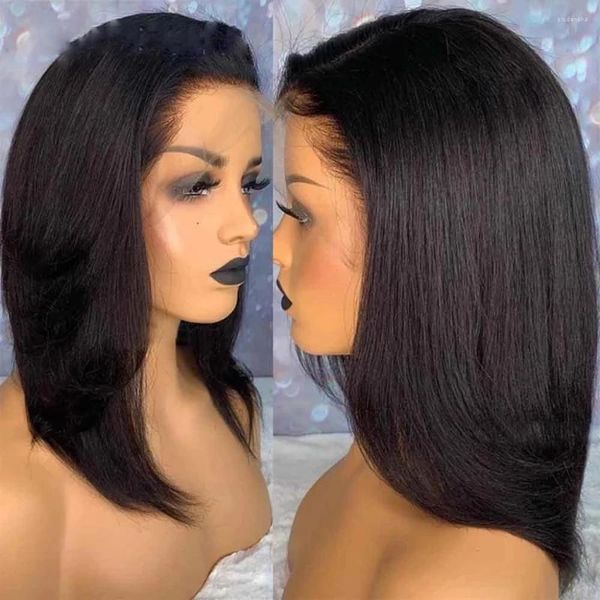 Perruque Bob Lace Front Wig Yaki naturelle, cheveux naturels, coupe lisse, 360 frontal, pre-plucked, Babyhair, pour femmes noires