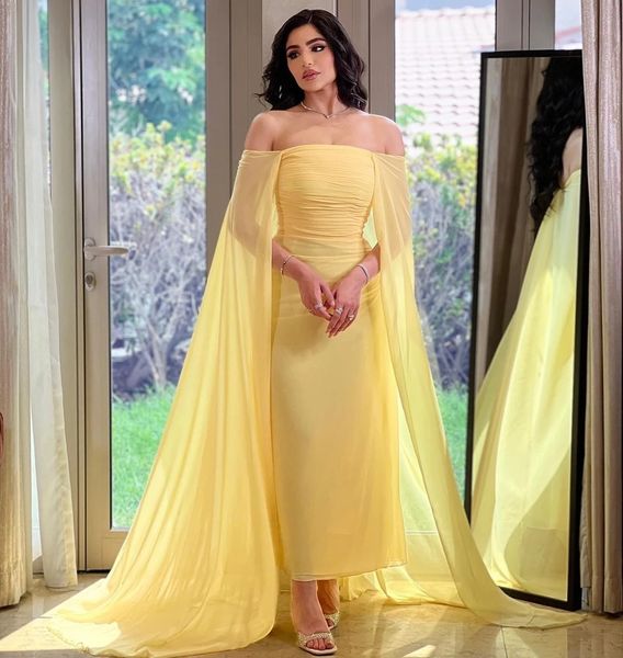 Robe de bal en mousseline de soie jaune clair, longueur cheville, col bateau, épaules dénudées, longue enveloppe, fourreau arabe, robe de soirée élégante pour femmes, 2024, 2024