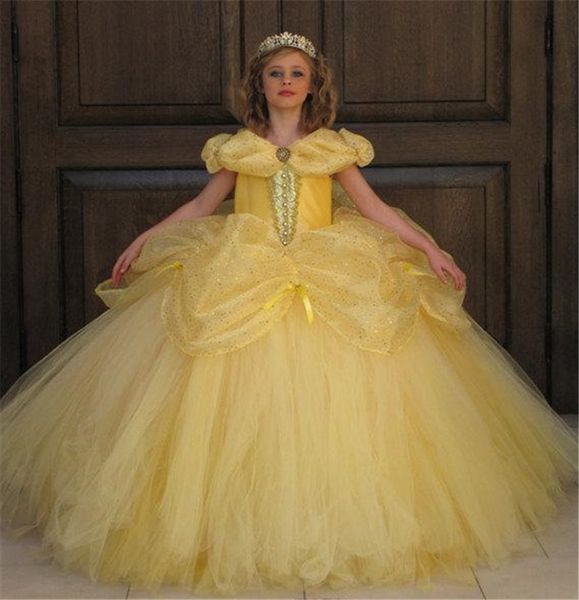 Robes de reconstitution historique de Cendrillon jaune clair Petites filles robe de bal passepoil tulle soirée robes de graduation enfant en bas âge fille de fleur Drss pas cher