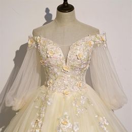 Flor amarilla clara bordado vestido de bola vestido de reina vestido medieval vestido renacentista vestido victoriano real princesa cosplay Ball155p