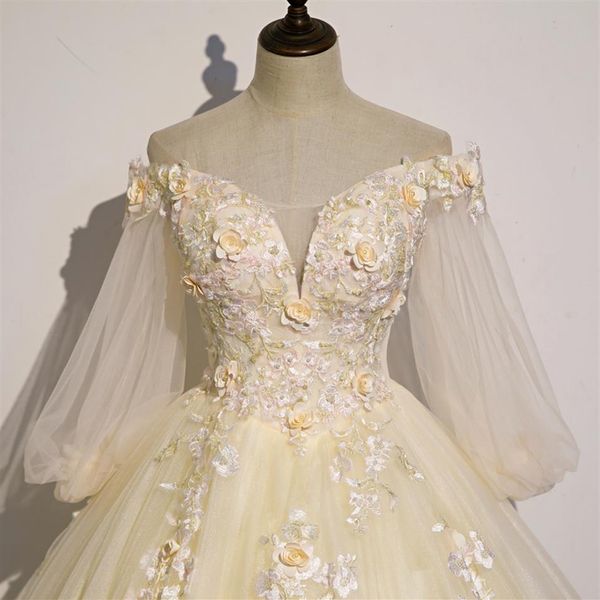 fleur jaune clair broderie robe de bal reine robe médiévale robe Renaissance robe royale victorienne robe princesse cosplay Ball277l