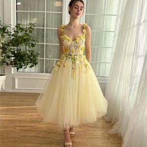 Lichtgele bloem thuiskomst jurken lieverd halslijn 3D appliqued prom jurk thee lengte een lijn tule afstuderen jurk