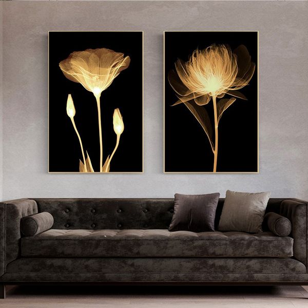 Pinturas en lienzo de flores amarillas claras, flores abstractas en fondo negro, carteles artísticos de pared, imágenes artísticas modernas para decoración para sala de estar