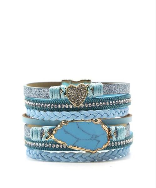 Bracelet en cuir pour femmes, couleur jaune clair, or, forme irrégulière, bleu Turquoises, connexion, bijoux, chaîne à maillons, 5395941