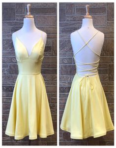 Robes de soirée jaune clair 2019 Une ligne col spaghetti courte robes de soirée de bal Real Po à lacets dans le dos bleu royal Hoco Gr3068005
