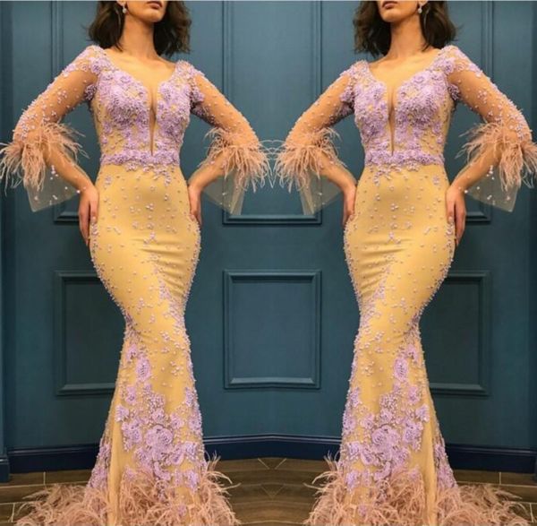 Robe de bal de sirène jaune clair pure manches longues en dentelle Appliques et soirée de plumes Dres queue de poisson Arabie femmes robe de soirée s