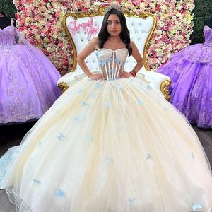 Amarillo claro fuera del hombro Vestidos de quinceañera Vestido de fiesta Apliques de abalorios Lazo de encaje en la espalda Corsé para fiesta de 15 niñas dulces