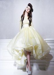 Lichtgele prom -jurken Ball Jurk Lace Long Sheeves Jewel Fluffy Organza feestjurken Mooie knielengte avondjurk Pretty F4125568