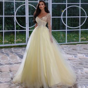 Robes de bal jaune clair manches longues robes de soir￩e paillettes V d￩collet￩ Sweep Train pli￨re en tulle sp￩cial usure formelle