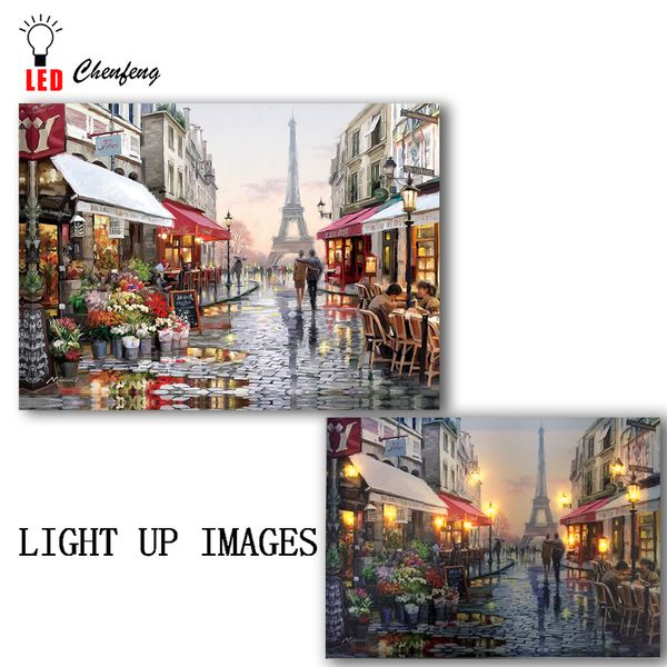 Impresión de lienzo iluminado Calle comercial Romántica Torre Eiffel de París Hermosa vista de Francia Pintura LED Lienzo de Navidad Arte de la pared Y200102