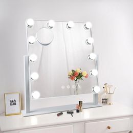 Miroir de courtoisie de maquillage éclairé avec 12 ampoules LED à intensité variable, miroirs cosmétiques pour éclairage 3 couleurs, grossissement 10X, pivotant, contrôle tactile