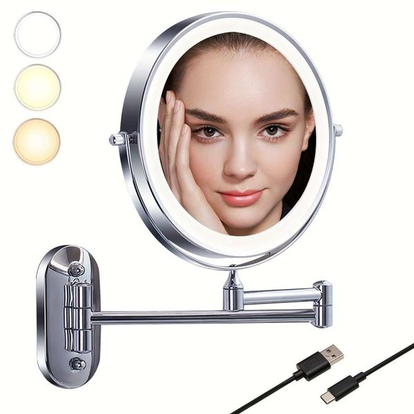 Miroir de maquillage mural éclairé double face grossissant 3/5/7/10X pour le rasage de la salle de bain, lumières LED à intensité variable, 3 modes de couleur, bras extensible,