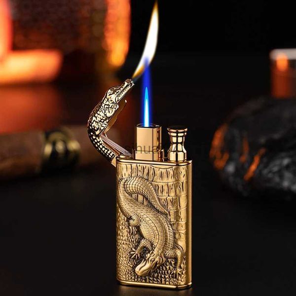 Briquets 2023 3D Relief Dragon Crocodile Double feu briquet métal coupe-vent Jet feu feu ouvert Conversion briquet à gaz fumer hommes cadeau 240325