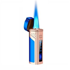 Lighters Cigar Torch Light With Punch Electric Ignition Triple Flame Flame Jet Sense de pistage Tople Affichage Power Aside Creative D Dhgry