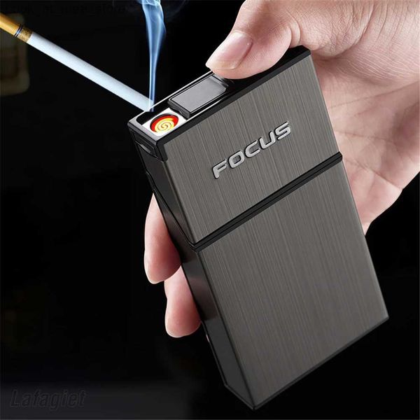 Encendedores Caja de cigarrillos de humo fino 20 piezas Capacidad Porta cigarros ultrafino con carga USB Caja de cigarros de metal ligero Regalo para hombre Q240305