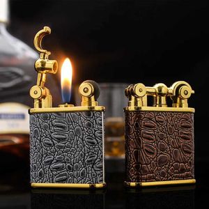 Briquets meule en cuir sans gaz briquet feu ouvert flamme réglable gonflable métal Encendedores Butane pas de gaz Isqueiro cadeau pour hommes V9OW