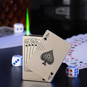 Briquets Vente chaude carte de Poker en métal créatif Butane pas de gaz coupe-vent flamme verte briquet côté glissement Cycle d'allumage gonflable jouet pour hommes