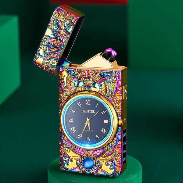 Briquets LED USB briquet électrique en relief Dragon et montre Plasma sans flamme affichage de puissance double Arc cadeau créatif pour hommes