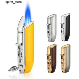 Lighters Metal Windproof Mini Pocket Pocket Cigar Light 3 Jet Blue Flame Torch Cigar Light With Cigar Punch Gift Box Free S24513