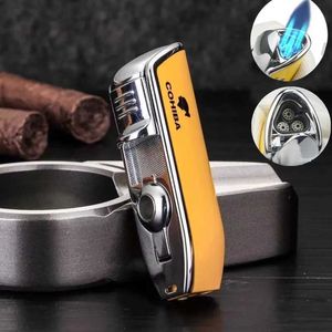 Lighters New Cohiba Metal Windproof Mini Pocket Pocket Cigar Light 3 Jet Blue Flame Torch Cigar Light With Cigar Punch Gas Free S24513