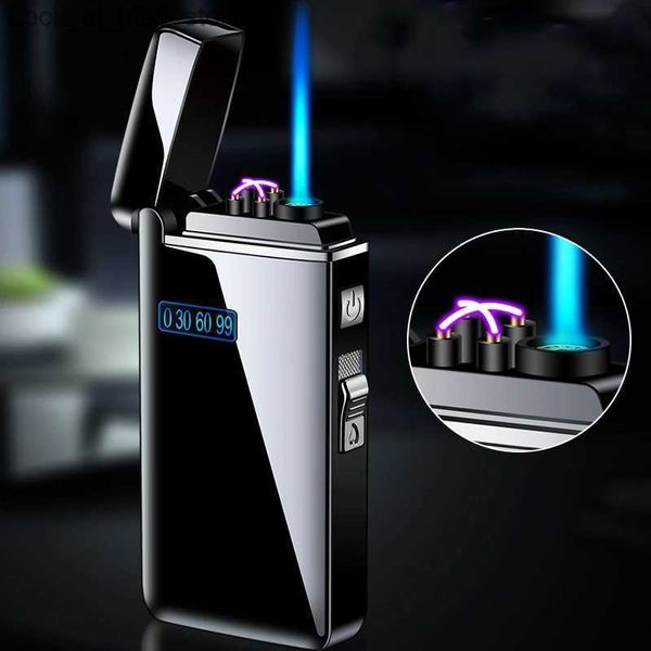 Briquets Nouveau Tiktok Métal Coupe-Vent Électrique USB Lampe De Poche Turbo Double Arc LED Plasma Lumière Gaz Charge Butane Tube Cigare Lumière Q240305