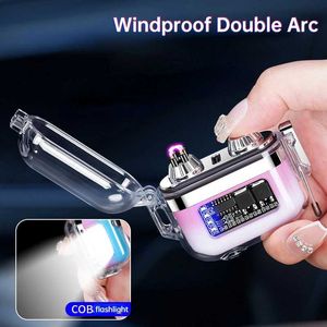 Lighters New Transparent Shell Type-c Dual Arc Lighter with LED Light Outdoor Windproof and Waterproof Pulse Cigarette Men's Tool