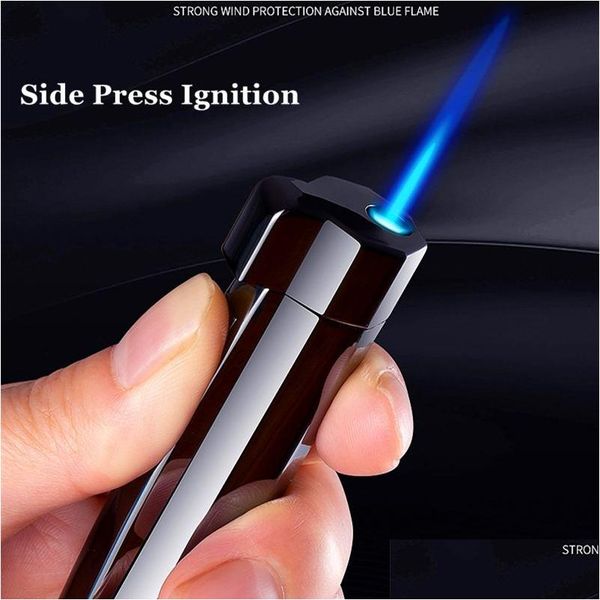 Lighters New Windproof Cigarette Torch Cigare Light Light Press Ignition Metal Blue Blue Flame Refipillable Butane Gas Gadgtes Drop Deliv DHBWP