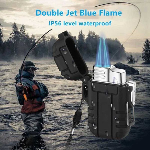 Briquets extérieur étanche briquet avec lanière Portable bleu flamme Jet briquet Butane Turbo allume-cigare Camping Wading hommes Gadgets