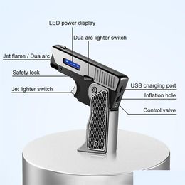 Accendini Accendino unico Antivento Gas-Electric Plasma Usb Ricaricabile Regalo per uomo Pistola pieghevole Torcia butano Turbo Jet Flame Cigar Dr Dhdkn