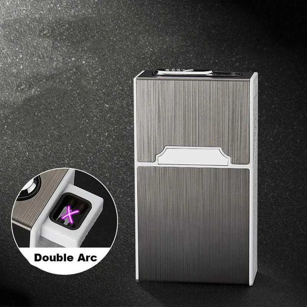 Encendedores USB Doble Arco Plasma Encendedor Caja de cigarrillos automática 20 Gadgets de metal a prueba de humedad Regalo para hombre