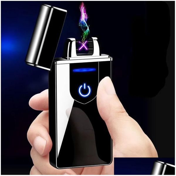 Briquets coupe-vent USB briquet électrique métal empreinte digitale tactile feu plasma double arc affichage d'alimentation LED alimentation pour hommes cadeau goutte otnj4