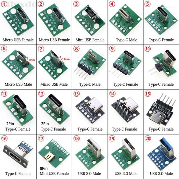 Accesorios de iluminación 1 unids Mini Micro USB Tipo-C 2Pin 3.0 2.0 Conector macho hembra Cable de carga de datos Placa de prueba con encabezado de pin 90