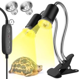 Verlichting IGrowla 2 Head Reptile Heat Lamp, 50W UVA/UVB Habitat Spot Light met timer 2/4/8h en dimmende klem voor schildpadden, hagedis, slang