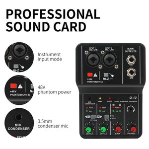 Accesorios de estudio de iluminación Q12 Interfaz de audio Tarjeta de sonido USB Drivefree Mini mezclador portátil de 2 vías para cantar Grabación por computadora Principiante 230908