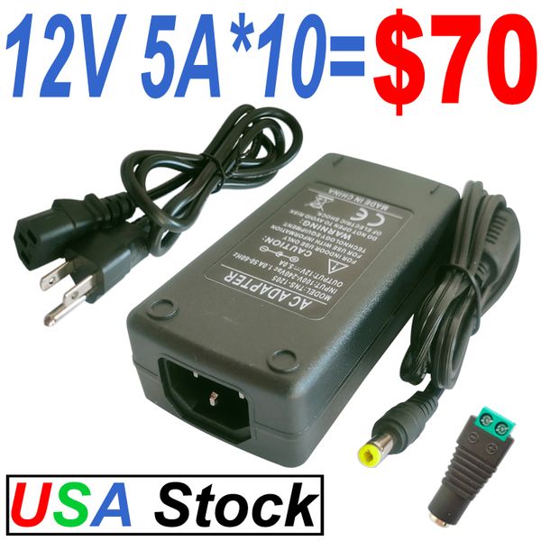 Transformadores de iluminación DC 12V 5A Adaptador de fuente de alimentación Convertidor AC 100-240V Entrada con conector de salida DC de 5.5x2.5mm para módulos de tira LED 5050 3528 Light usastar