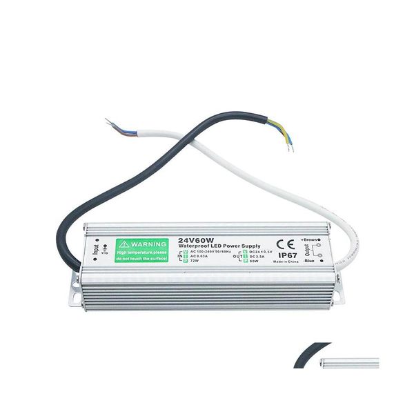 Transformadores de iluminación Ip67 Controlador LED impermeable 5060Hz 24V 60W Fuente de alimentación Ac100240V para accesorios de luces de entrega directa Dhp9M