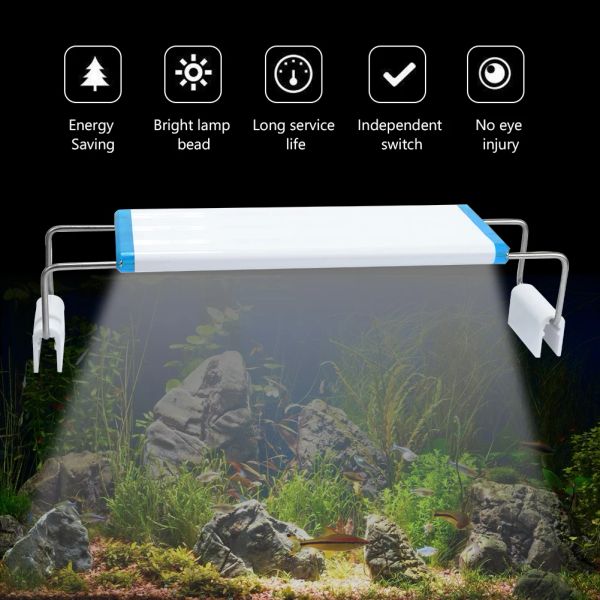 Iluminaciones 820w LED Iluminación del acuario Luz de la planta acuática 18 28 38 48 cm Blanco + LED LED azul Clip impermeable extensible en la lámpara para el tanque de peces