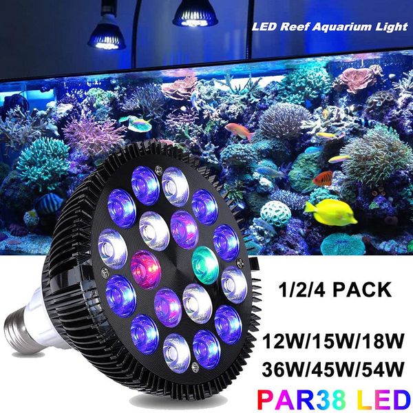 Iluminaciones E27 LED Bombilla de luz de acuario 12W54W Lámpara de tanque de peces de espectro completo PAR38 SPOT Tanque de agua salada Plantas de arrecife de coral Crecer luces LED D30