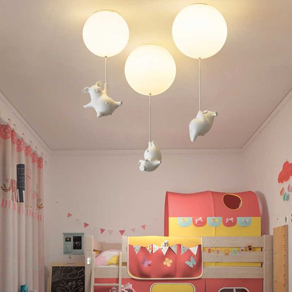 Luces de dibujos animados para niños, lámpara de dormitorio, cerdito de resina, luz de techo de burbuja acrílica blanca para escuela, jardín de infantes, pasillo, pasillo 0209