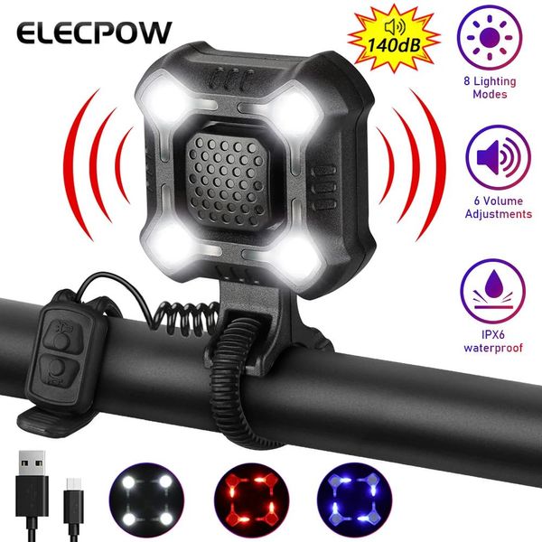 Lumières Elecpow Bicycle Horn Lilts étanches USB Charge USB Conducteur Strong Bike Light 140 dB 6 Volume de sécurité Alarme Bell de vélo