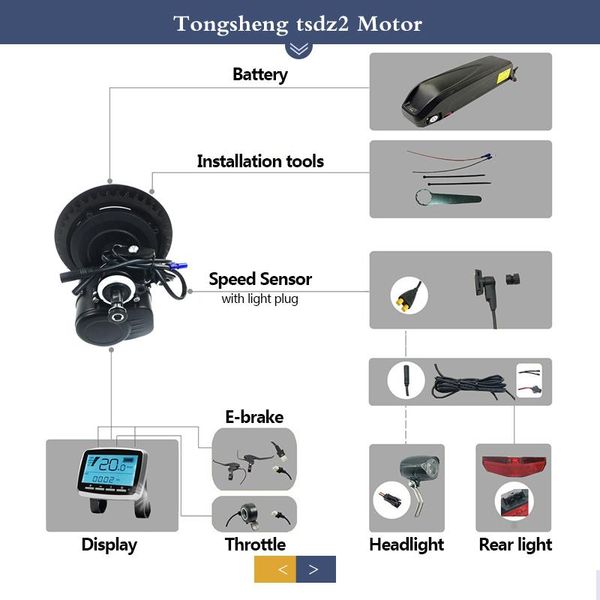 Lights Electric Bike 36V48V 250W350W500W Tongsheng TSDZ2 Mid Drive Motor Kit pour le kit de conversion de vélo électrique avec écran LCD