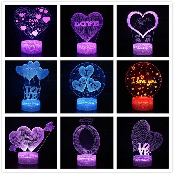 Luces TE AMO Rosa en forma de corazón Serie del día de San Valentín 3D LED Luz de noche Dormitorio Lámpara decorativa Fiesta de cumpleaños Decoración de la boda HKD230628