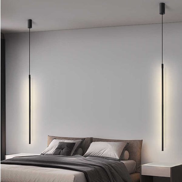 Lámparas colgantes LED de tubo largo para dormitorio, iluminación de noche, 60/80/100/120cm, luz colgante de techo alto negra dorada, CA 85-265V 0209