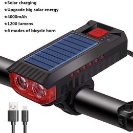 Lumières Nouveau Vélo Solaire LED Lumière 4000mAh Batterie 4 Modes USB Rechargeable Route Vélo Avant Lampe IPX4 Lampe de Poche Phare avec Corne 0202