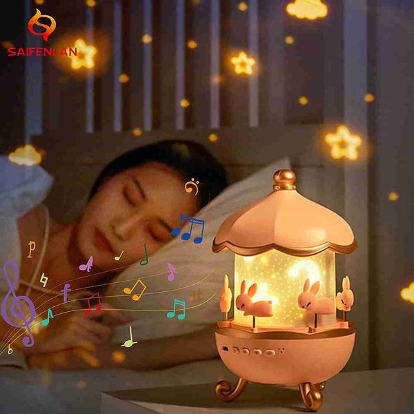 Lumières Rechargeable Bluetooth Haut-Parleur Projecteur Rotatif Lapin Nuit Lumière Pleine Étoile Lampe Cadeau pour Enfants Fille Petite Amie HKD230704