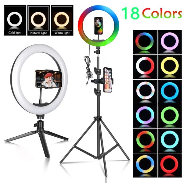 Lights RVB 18 Couleur LED Lumière avec un trépied Photographie Éclairage Selfie Light Circle LAMPE SEB pour vidéo Remplir YouTuber Set