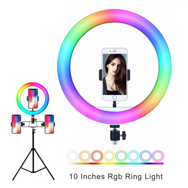 Lights Selfie RGB Fonce Lampe avec trépied Dimmable Selfie Ring Light With Phone Stand Color Annular Tube Photographic Lighting 26cm